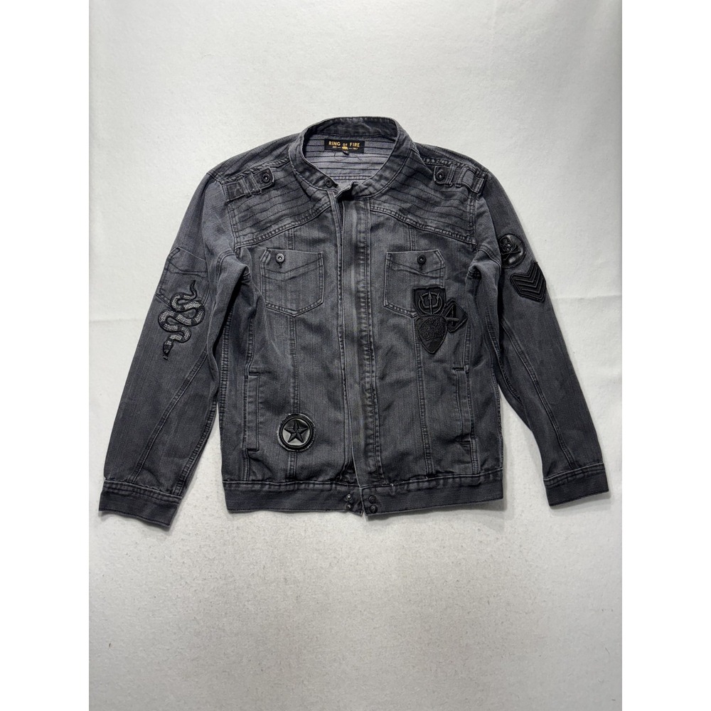 Ring Of Fire Mens XL Gray Denim Military Jacket Skull Snake Patches Biker Moto